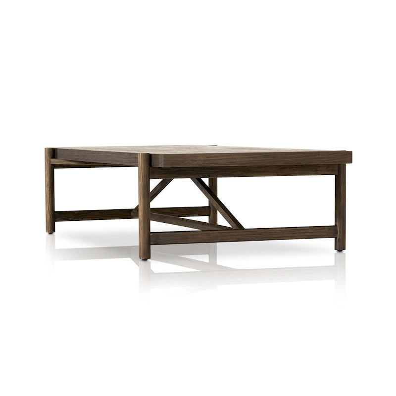 Grande table basse rectangulaire, structure en bois massif, pièce maîtresse du salon