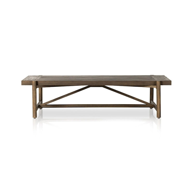 Grande table basse rectangulaire, structure en bois massif, pièce maîtresse du salon