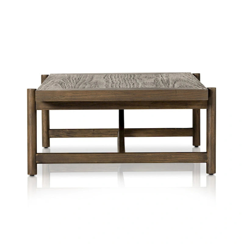 Grande table basse rectangulaire, structure en bois massif, pièce maîtresse du salon