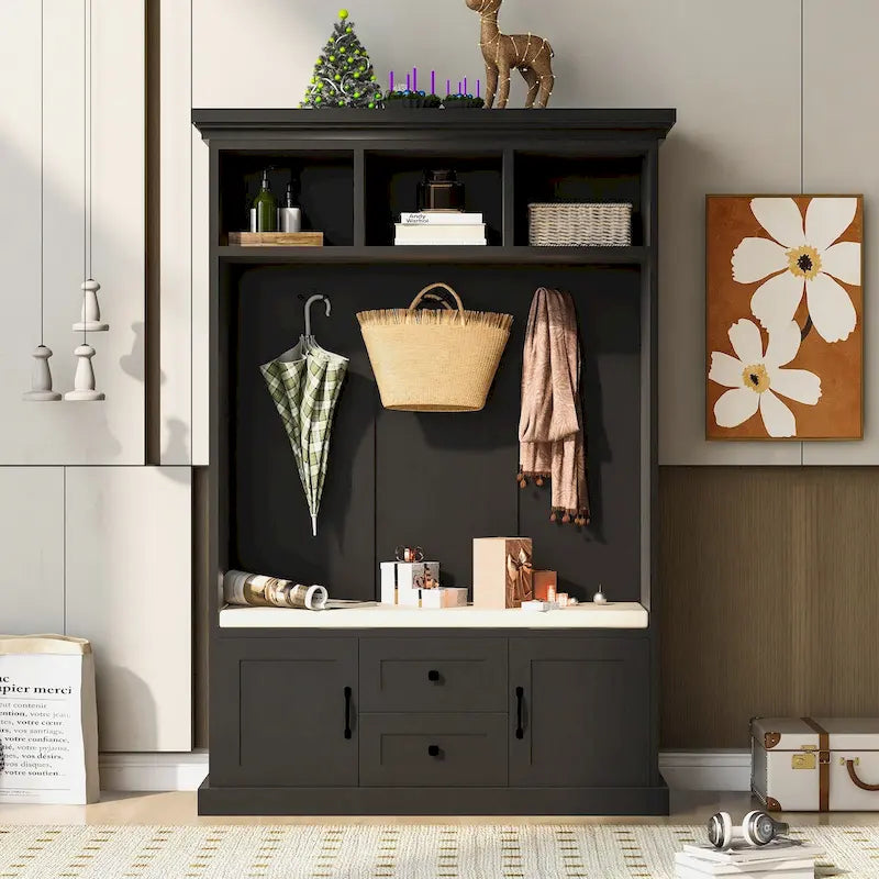 Porte-manteau avec 3 patères, banc d'entrée, banc de rangement, design 3 en 1, 120 cm, pour entrée, couloir (noir)