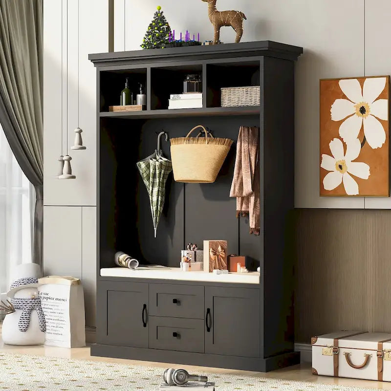Porte-manteau avec 3 patères, banc d'entrée, banc de rangement, design 3 en 1, 120 cm, pour entrée, couloir (noir)