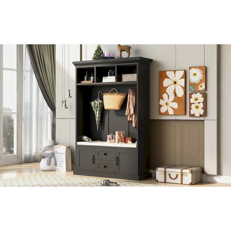 Porte-manteau avec 3 patères, banc d'entrée, banc de rangement, design 3 en 1, 120 cm, pour entrée, couloir (noir)