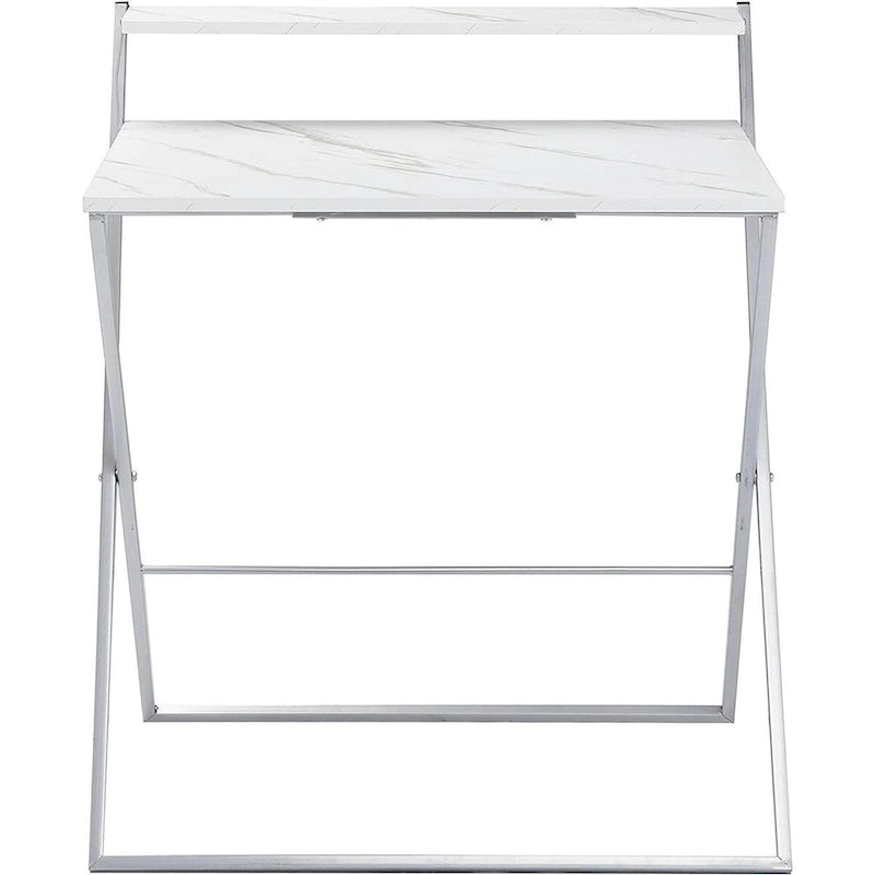 Bureau compact pliable à 2 niveaux, plateau en marbre, cadre argenté, montage sans outils