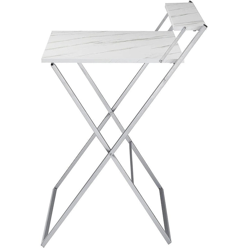 Bureau compact pliable à 2 niveaux, plateau en marbre, cadre argenté, montage sans outils