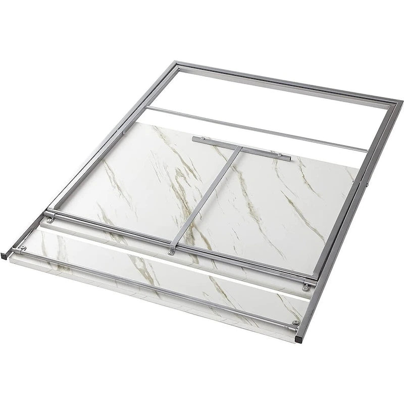 Bureau compact pliable à 2 niveaux, plateau en marbre, cadre argenté, montage sans outils