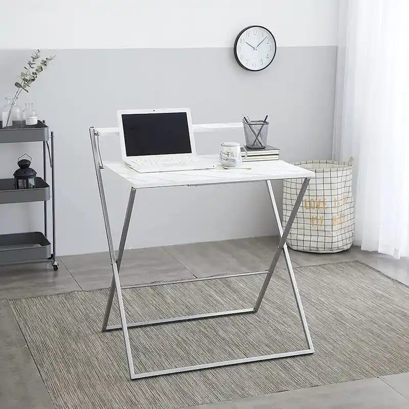 Bureau compact pliable à 2 niveaux, plateau en marbre, cadre argenté, montage sans outils