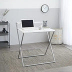 Bureau compact pliable à 2 niveaux, plateau en marbre, cadre argenté, montage sans outils