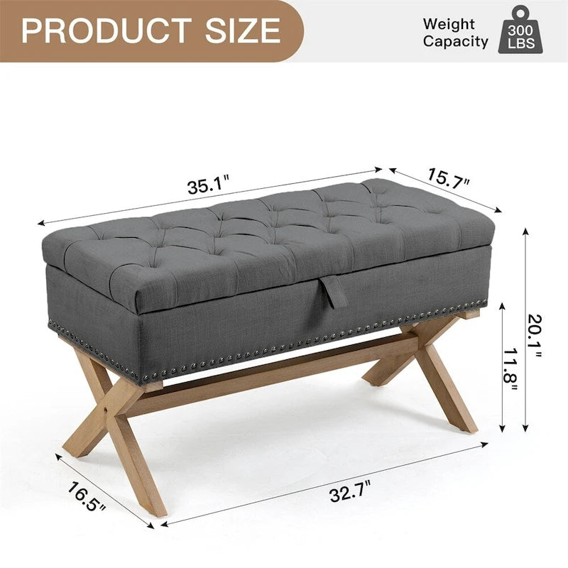 Banc de rangement ottoman de 35 po, banc de rangement ottoman en lin capitonné