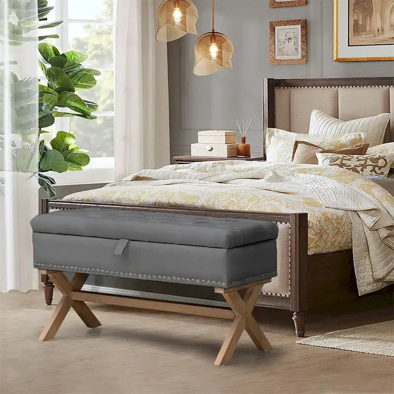 Banc de rangement ottoman de 35 po, banc de rangement ottoman en lin capitonné