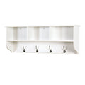 Porte-manteau mural blanc pour entrée avec 4 crochets doubles et étagère de rangement en bois pour salon