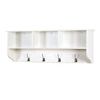 Porte-manteau mural blanc pour entrée avec 4 crochets doubles et étagère de rangement en bois pour salon