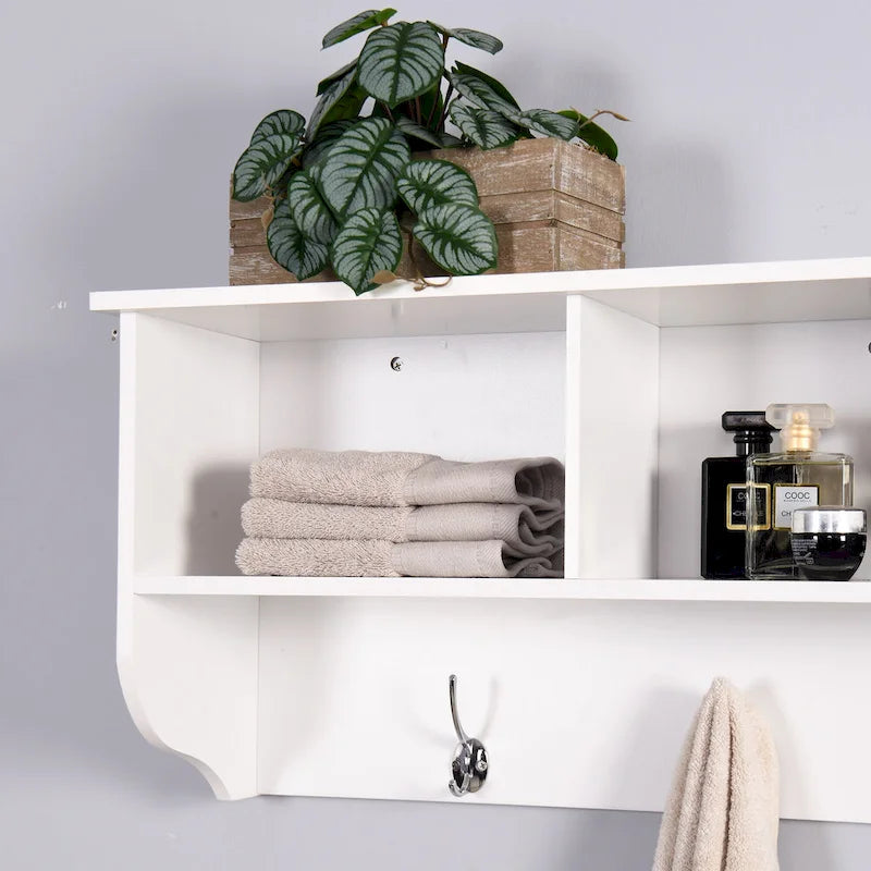 Porte-manteau mural blanc pour entrée avec 4 crochets doubles et étagère de rangement en bois pour salon
