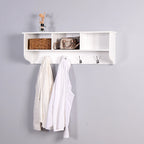 Porte-manteau mural blanc pour entrée avec 4 crochets doubles et étagère de rangement en bois pour salon